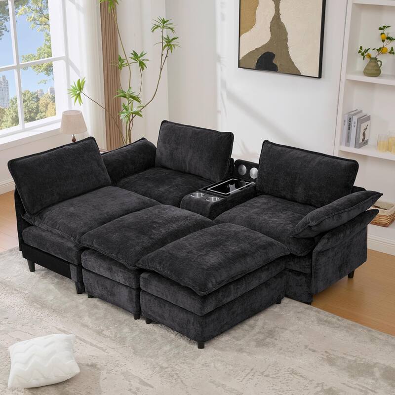 U Shaped Modular Sectional Sofa, Lounge Sofa with Storage Console & Wireless Charging, Sleeper Sofa with Movable Seat