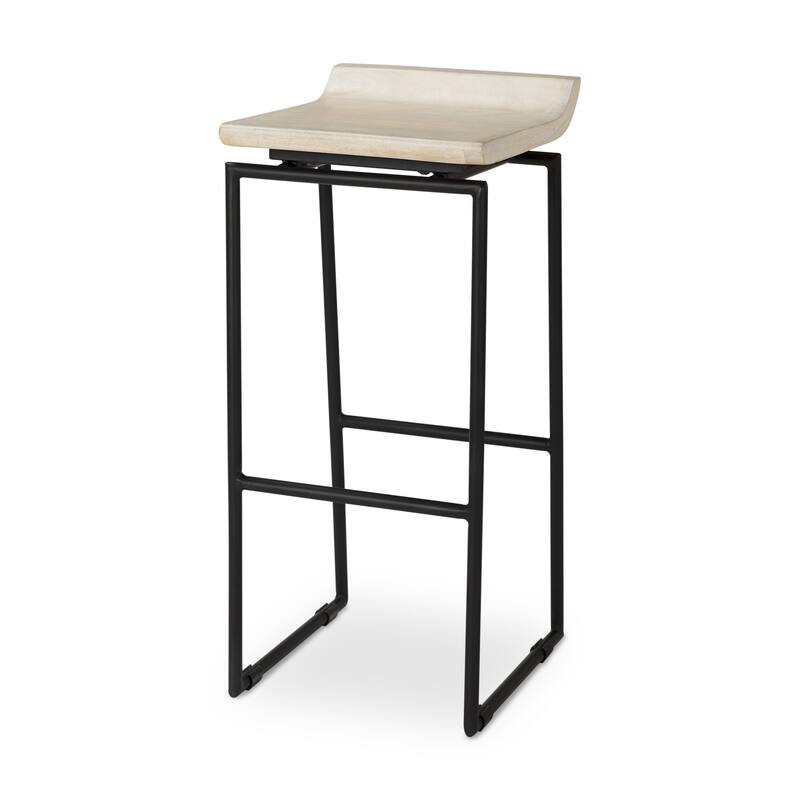 HomeRoots 31" Natural and Black Solid Wood and Metal Low Back Bar Height Bar Chair