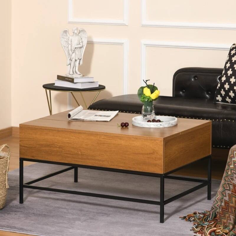 Grey/Brown/White Lift Top Coffee Table w/ Hidden Storage Black Metal Legs