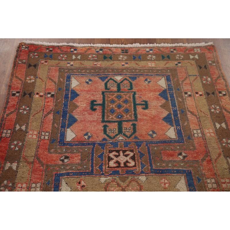Geometric Ardebil Persian Vintage Runner Rug Hand-knotted Wool Carpet - 3'6" x 10'0"