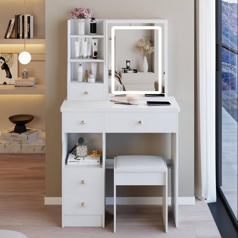 Vanity Desk with Touch Control Sliding LED Mirror, Large Capacity Dressing Table Set, Makeup Table with Cushioned Stool