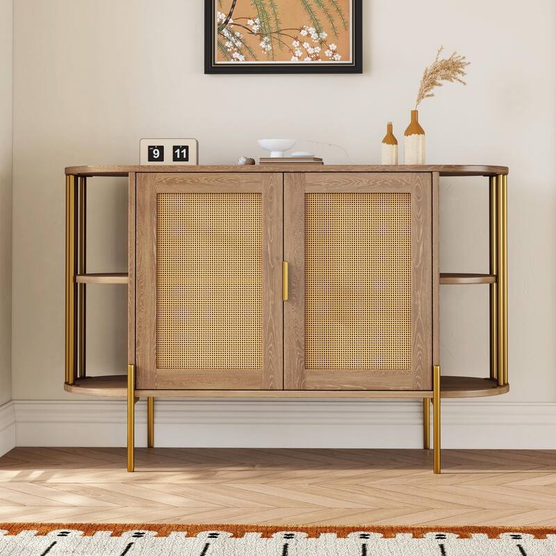 2-Door Curved Dining Cabinet - Elegant with Gold Trim and Woven Rattan Doors - Natural