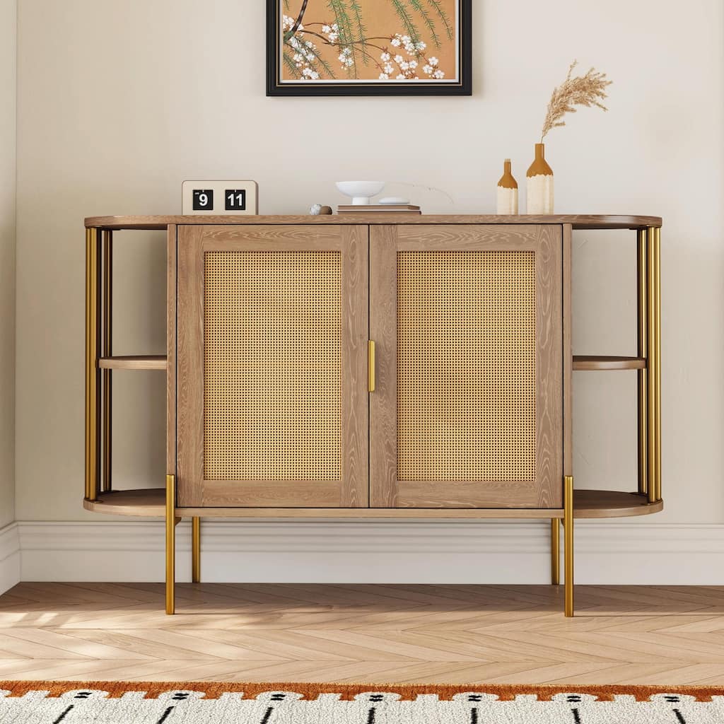 2-Door Curved Dining Cabinet - Elegant with Gold Trim and Woven Rattan Doors