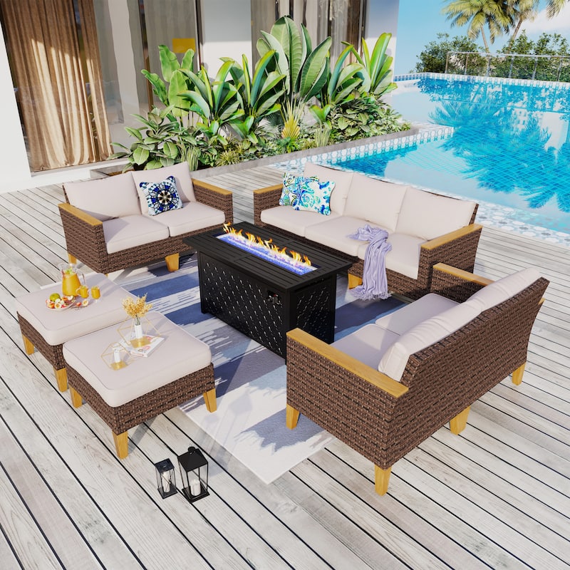 8-Piece Patio Outdoor Wicker Sectional Sofa Set, Large Seating Furniture Conversation Sets with Fire Pit Table
