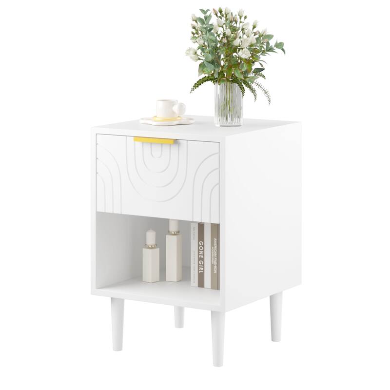 22.83''H Modern White Nightstand With One Drawer And Open Shelf, Gold - Accented Handle, Ideal For Bedroom Decor