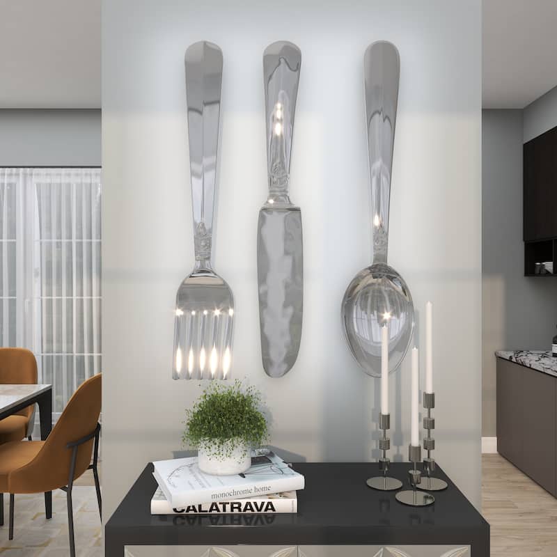Aluminum Metal Large Knife, Spoon, and Fork Utensils Wall Decor (Set of 3) - Silver or Copper