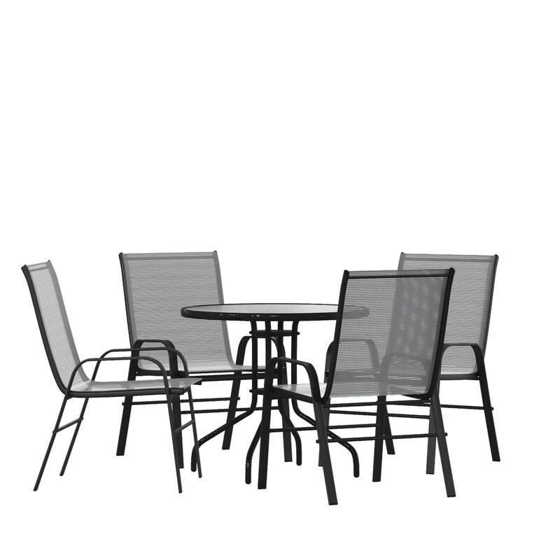 5 Piece Patio Dining Set - Glass Table, 4 Flex Stack Chairs
