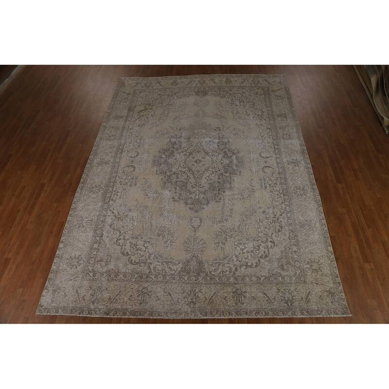 Tabriz Persian Vintage Area Rug Handmade Beige Wool Carpet - 9'4" x 12'10"