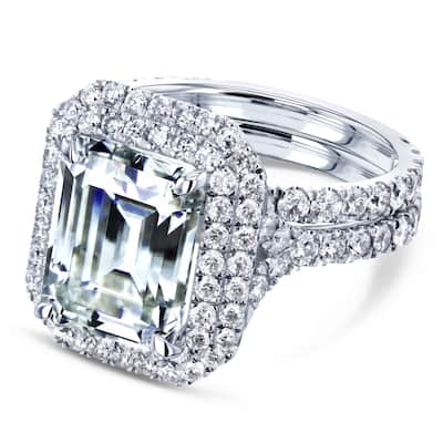Annello by Kobelli 14K Gold Forever One Moissanite Emerald Double Halo Bridal Set (DEF/VS, GH/I)