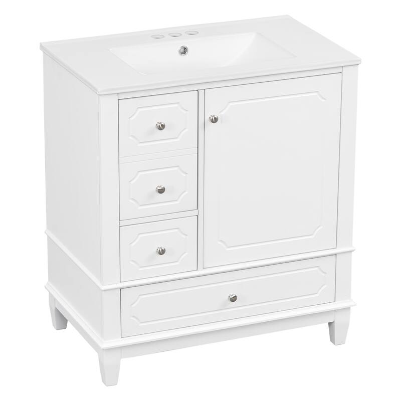 30" Bathroom Vanity With Sink, Freestanding Vanity Cabinet With Ceramic Basin, 3 Drawers, Storage Shelves Included
