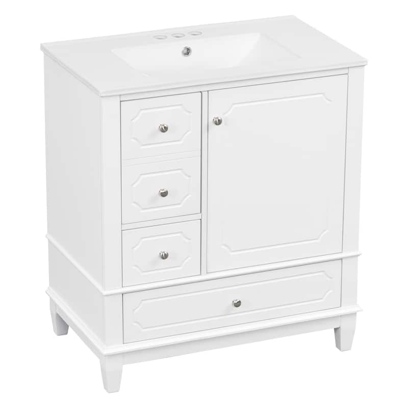 30" Bathroom Vanity with Sink, Freestanding White Vanity Cabinet with Ceramic Basin, Solid Wood Frame, Soft-Close Door