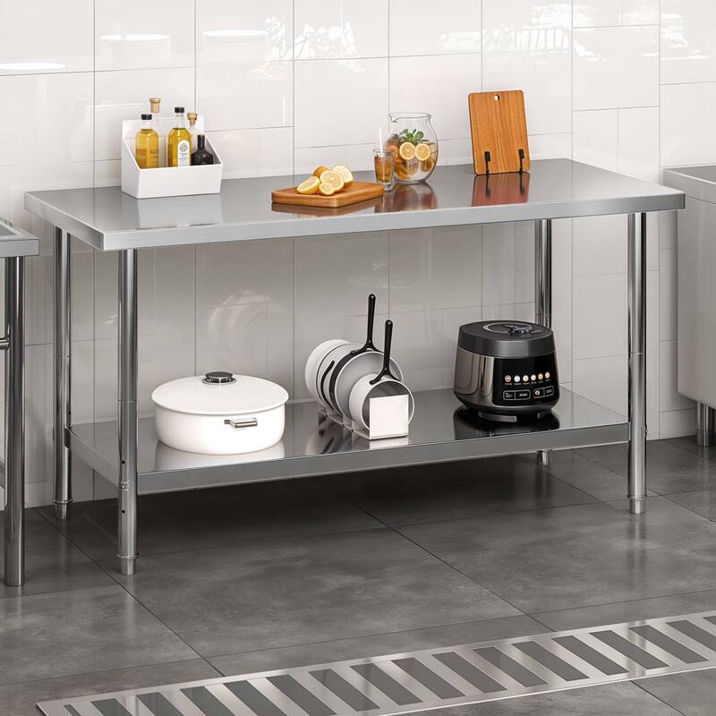 60×24 Inch Stainless Steel Table with Undershelf Adjustable, NSF Commercial Kitchen Work Prep Table - 60'' W x 24'' D x 34'' H