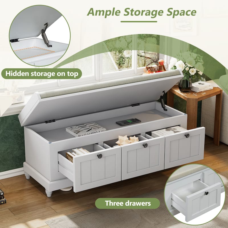 Storage Bench with Cushioned Seat & 3 Drawers, Wooden Entryway Storage Bench, Shoe Bench with Hidden Storage Space