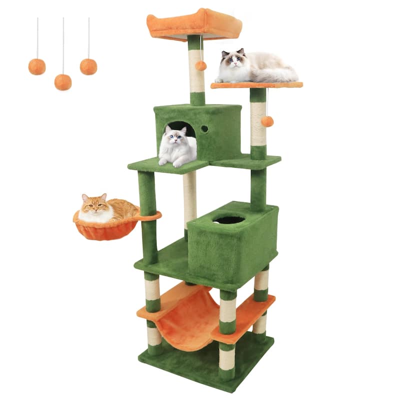 Gymax 66'' Tall Cat Tree w/2 Condos Sisal Scratching Posts Plush Perch - Multi