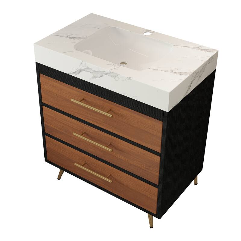 GDFStudio - Athens Modern 29.9" Freestanding Bathroom Vanity with Sintered Stone Top, Ceramic Vessel Sink & Stainless Steel Legs