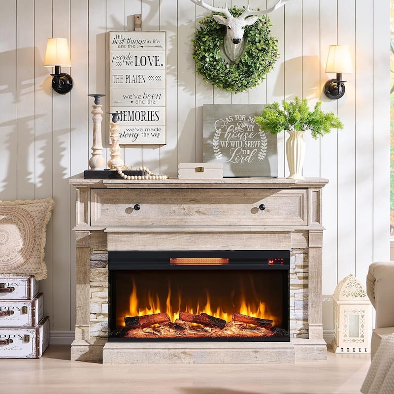 Farmhouse TV Stand With 3-Sided Glass Fireplace, Entertainment Center