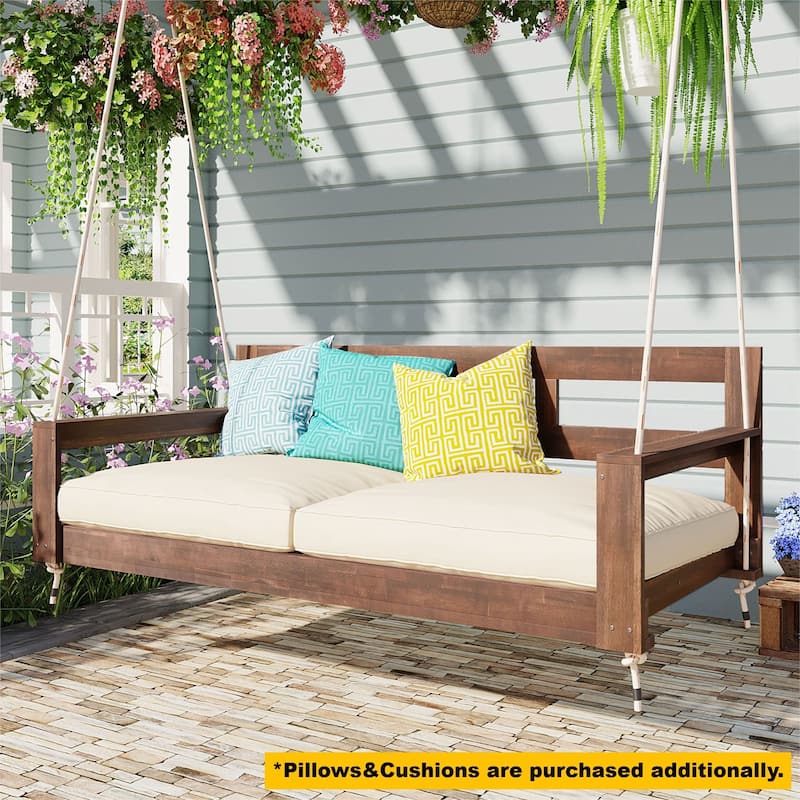 Patio Wooden Porch Swing Daybed Frame, Garden Swing Bench Chair with 4 Hanging Ropes (Cushions and pillows not included) - Brown