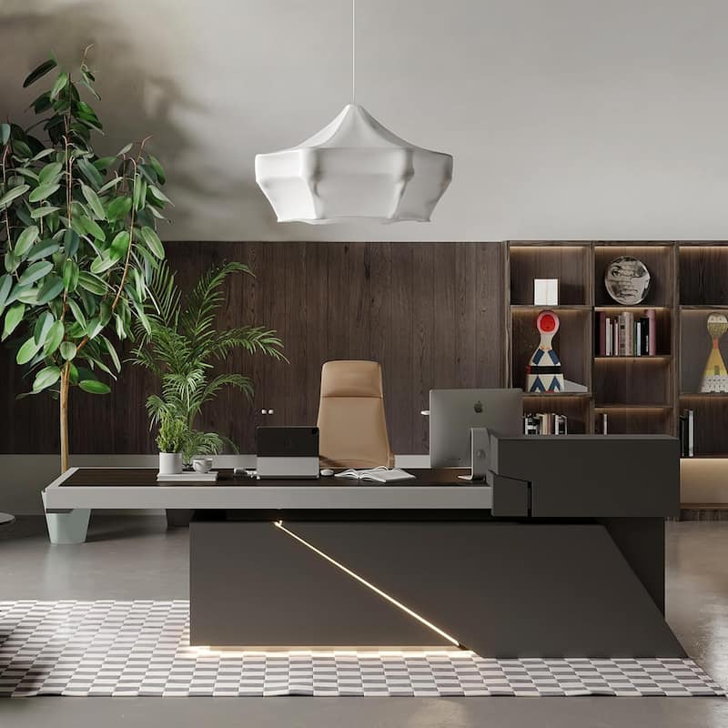 Black L Shaped Office Desk with Drawers Shelves Storage and LED Light - 86.6inch - Left Return