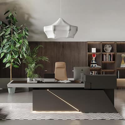 WESOME L Shaped Executive Desk with Cable Box Socket and LED Light for Home Office