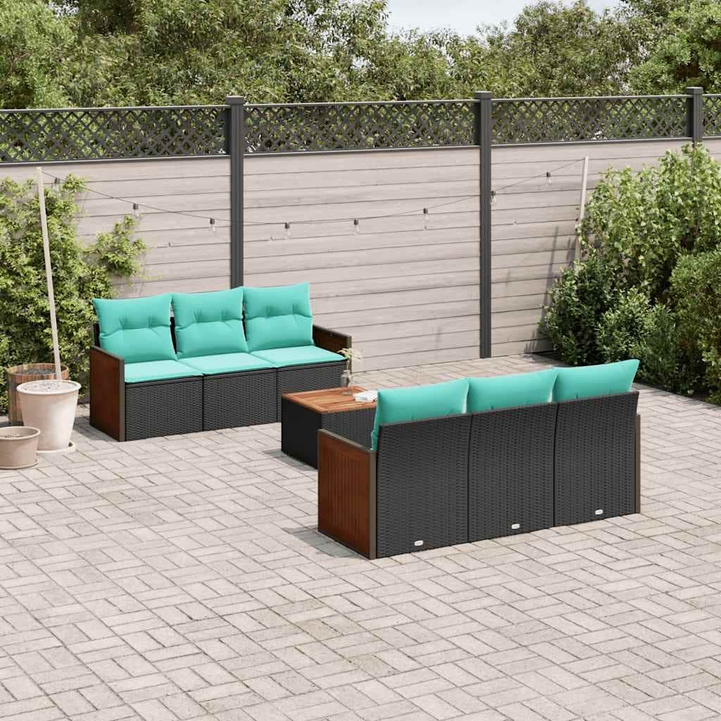 vidaXL 7 Piece Patio Sofa Set with Cushions Black Poly Rattan - 21.7 x 24.4 x 27.2