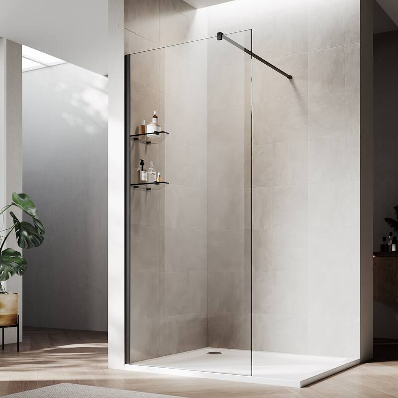 Elegant Frameless Fixed Glass Panel Shower Door 74inch High with 5/16inch Clear Tempered Glass with 2 Corner Shelves - 34"*74"