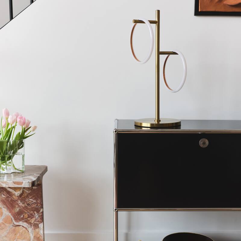 Brightech Saturn 21 in. Antique Brass Industrial Integrated LED Desk Table Lamp with Built-In 3-Way Dimmer