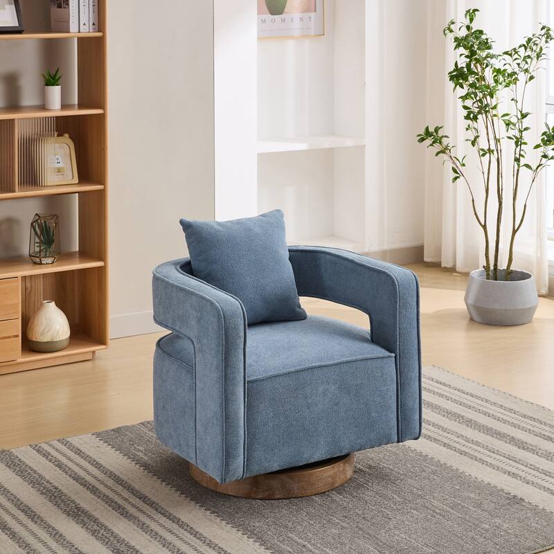 Blue Modern 29.13" Swivel Open Back Accent Chair With Weathered Finishing Rubber Wood Base and Pillow