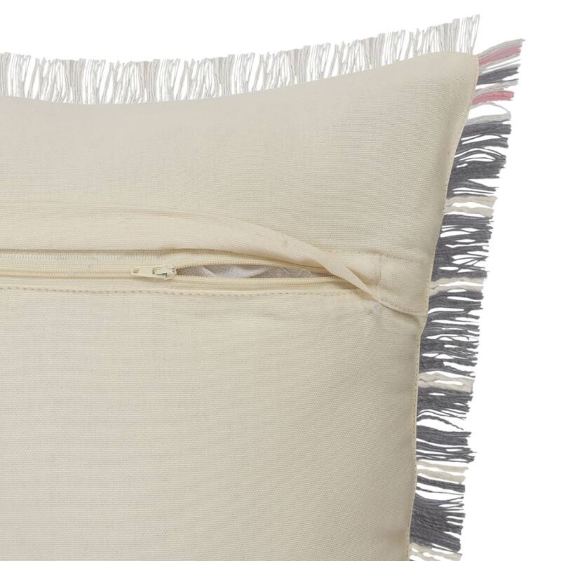 20" Gray and White Striped Square Throw Pillow with Fringes