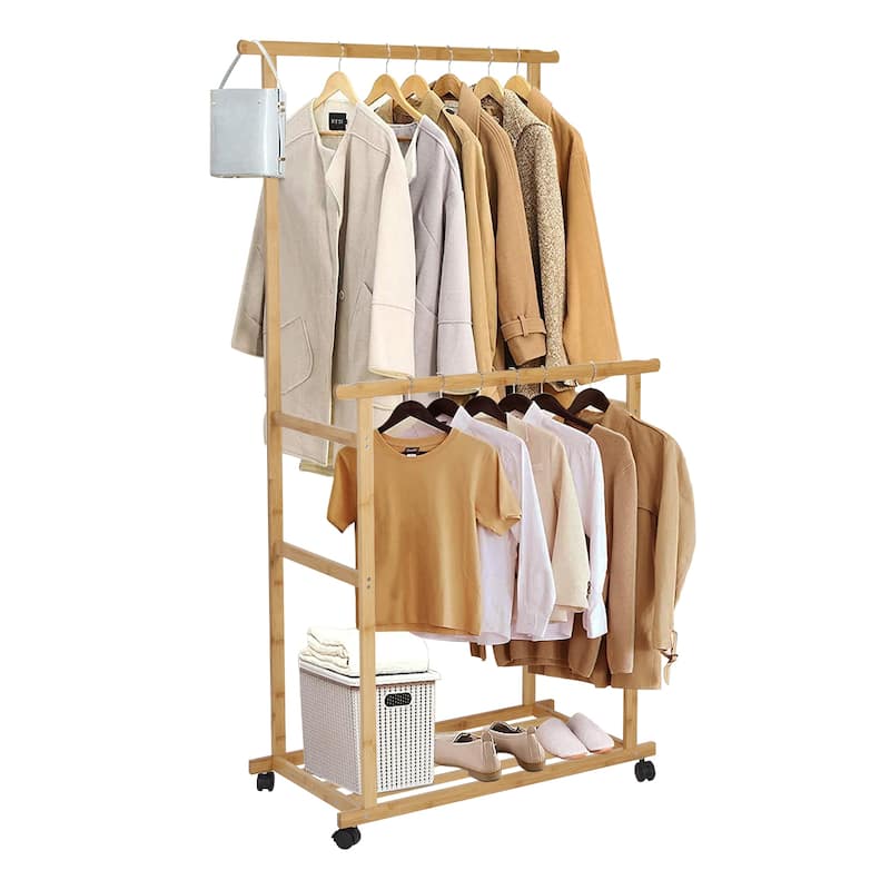 Clothing Rack Bamboo Garment Rack Rolling Coat Hanging Stand - 31.5x15.7x63 inch
