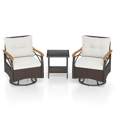 3 Piece Mix Brown Rattan Swivel Chairs Set with Cushions and Table - Chair: 27" x 25" x 33.5"