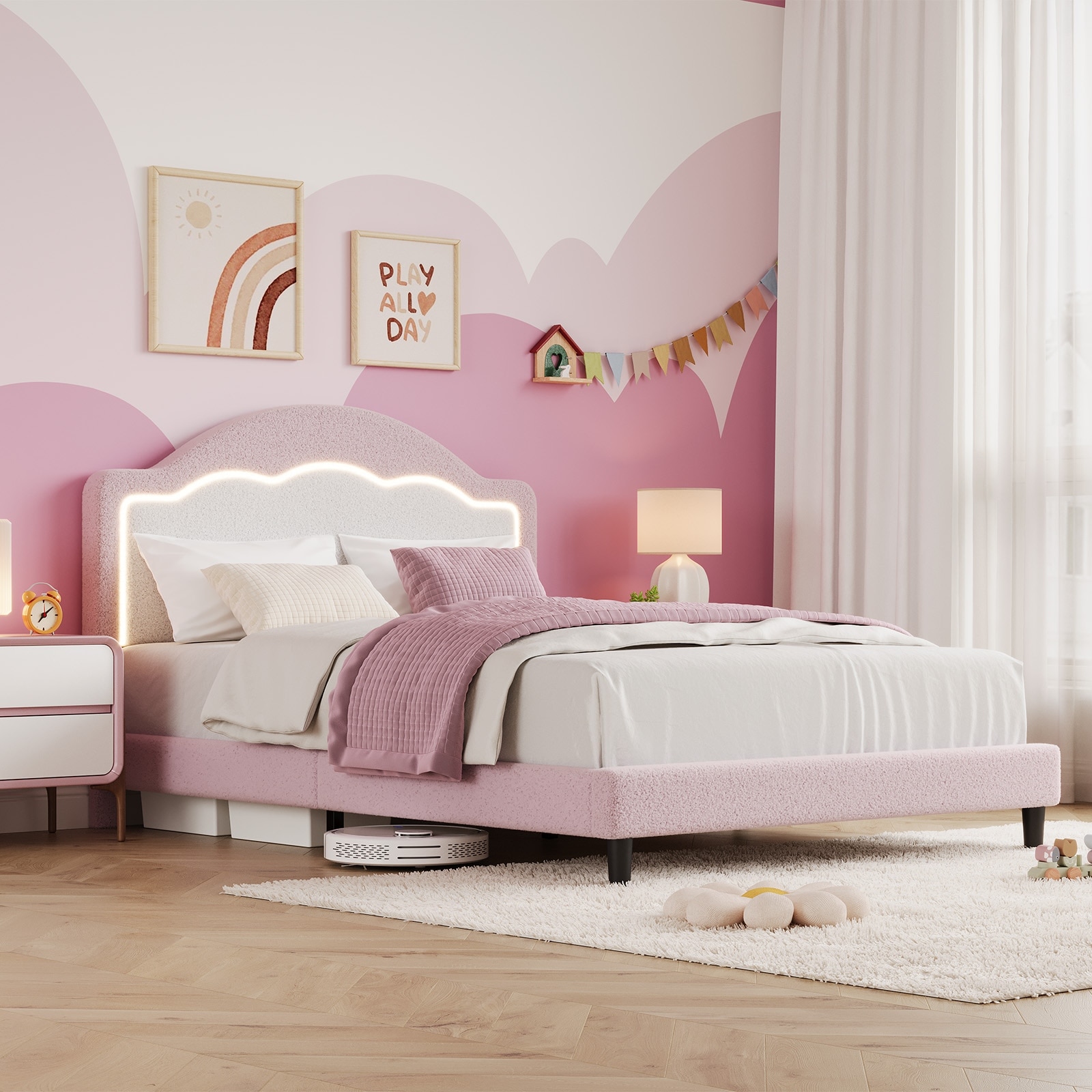 Bed Frame with LED Headboard, Plush Sherpa Fabric Upholstery, Slat Support (No Box Spring Needed)