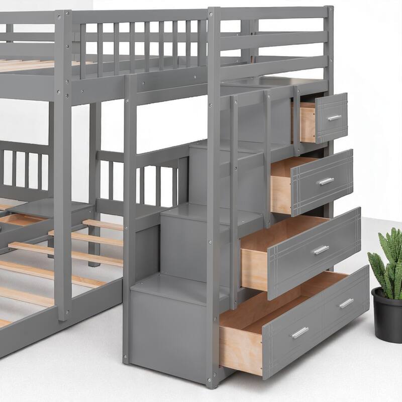 Wood Triple Bunk Bed Full Over Twin and Twin with Storage Drawers and Staircase, 600 lbs Capacity Top
