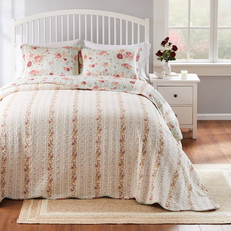 Greenland Home Fashions Antique Rose All-Cotton Reversible Quilt Set
