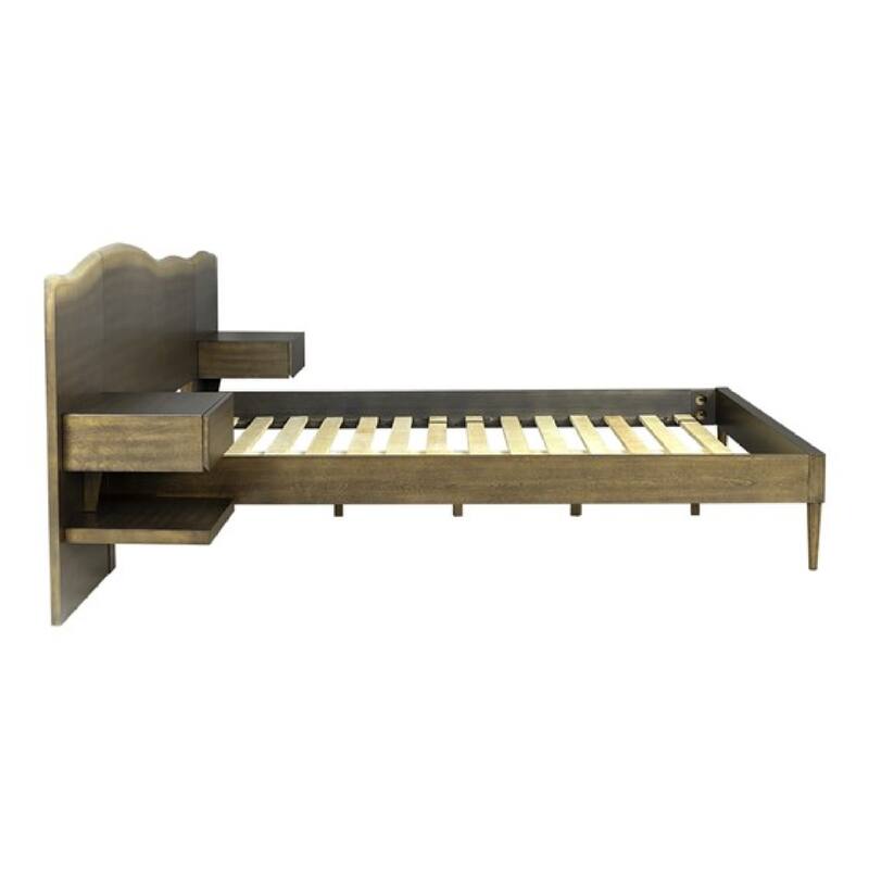 Roomfitters Live Edge Platform Bed Frame, Queen Wood Suite with Two Built-in Side Tables and Slats, Dark Brown