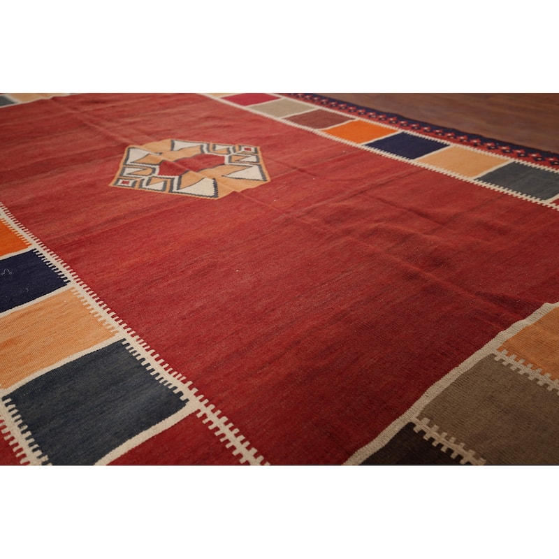 Vegetable Dye Kilim Qashqai Persian Vintage Flatweave Red Wool Carpet - 4'11"x 8'7"