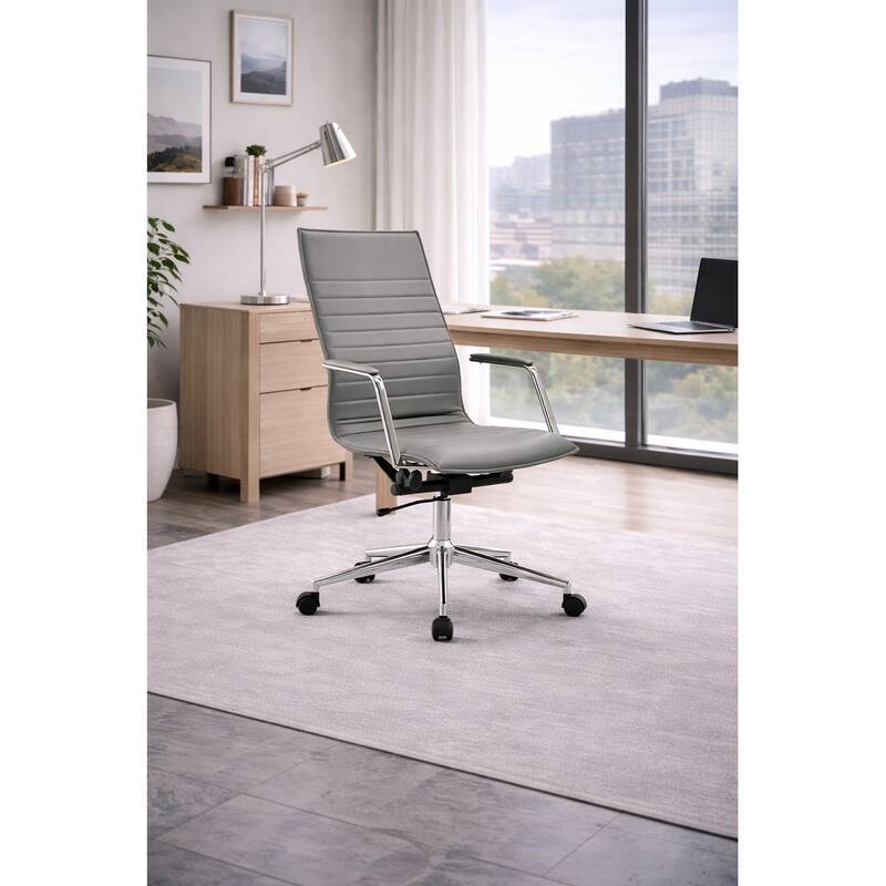 Modern High Back Office Chair With Padded Arms Ribbed PU Leather Tilt Swivel Adjustable For Conference Room Task Work Computer