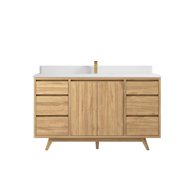 Willow Collections 60 in. W x 22 in. D Madison Teak Single Sink Bathroom Vanity with Countertop - 1.5" White Quartz - Light Natural Teak