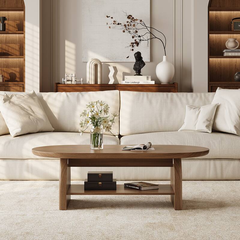 47.4" Oval Walnut Coffee Table with Storage Shelf, Modern Wooden Coffee Table for Living Room