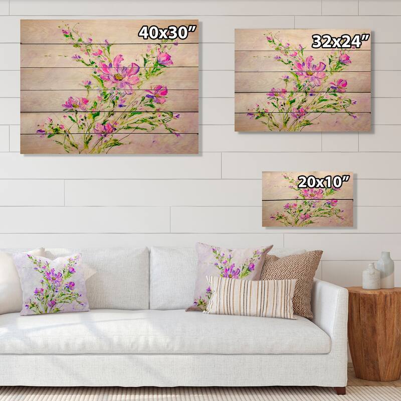 Designart 'Summer Natural Foliage Pink Bouquet II' Traditional Wood Wall Art - Natural Pine Wood