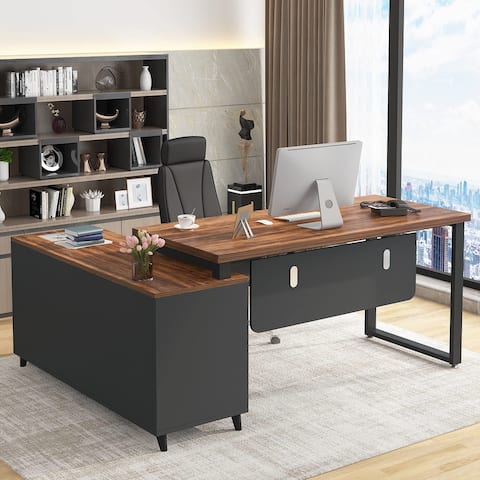 55 Inch L Shaped Executive Desk with 2 Drawers Cabinet