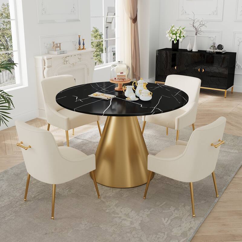 48" Marble Top Metal Dining Table with Velvet Dining Chair Set