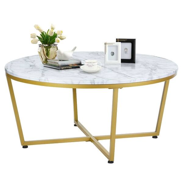 Shop Gymax Modern Round Coffee Table Faux Marble Top W Gold Metal