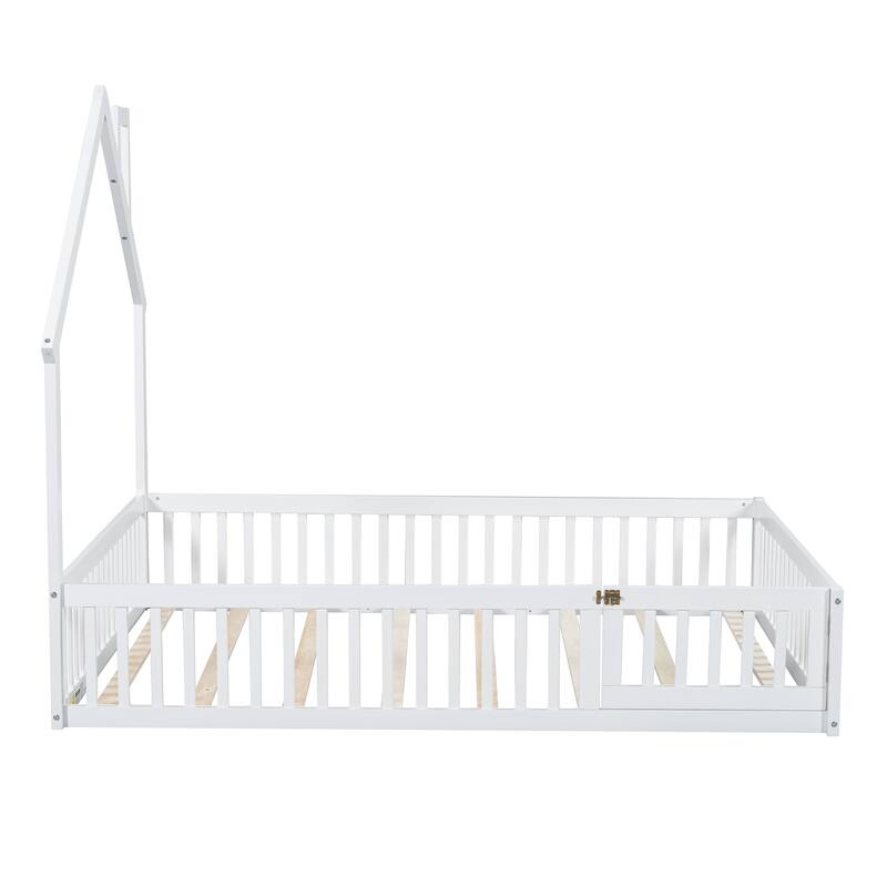 Pine Wood Full Size House Bed with 12" Guardrail, Charming Fence and Chimney Design.