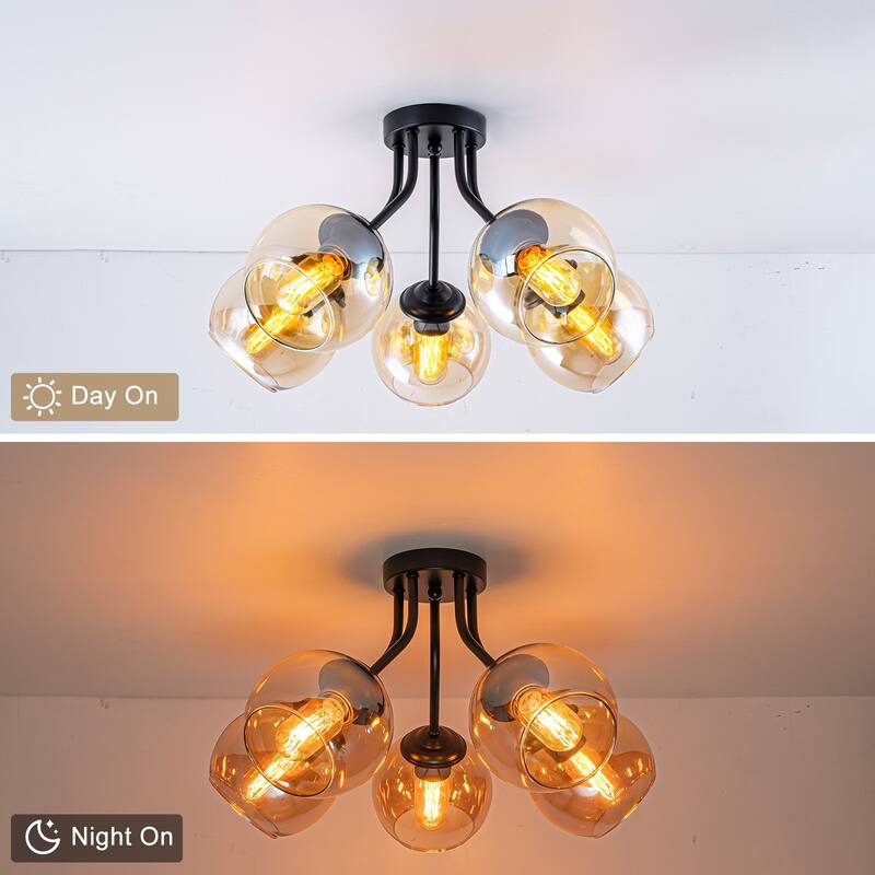 5 Lights Semi-Flush Mount Ceiling Light with Amber Glass Shade Sputnik - Dia.20.47-in
