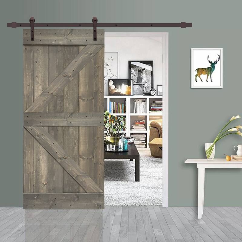 CALHOME K Series Stained Wood Sliding Barn Door with Hardware Kit - Weather Gray - 42 x 84