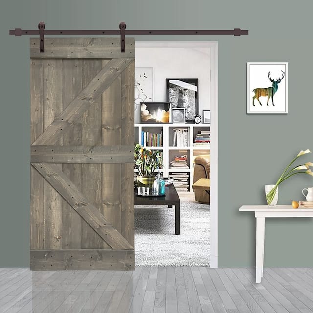 CALHOME K Series Stained Wood Sliding Barn Door with Hardware Kit - Weather Gray - 36 x 84