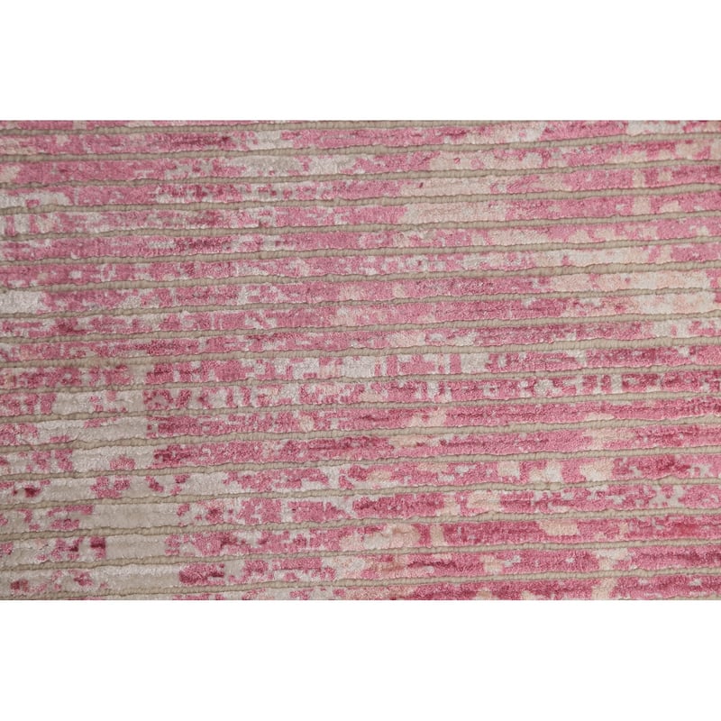 Striped Pink Abstract Modern Area Rug Hand-Knotted Wool Carpet - 6'5"x 9'8"