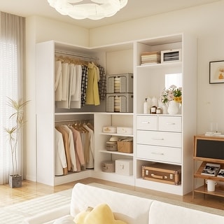 Cimly Set of 2 Corner Closet System with Drawers, Closet Organizer with Hanging Rods and Storage Shelves