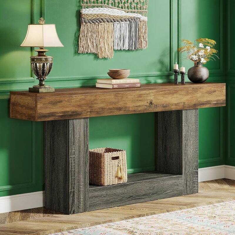 MDF Farmhouse Console Table with U-Shaped Base and Shelf - 63” L x 11.81 W x 32.28 H