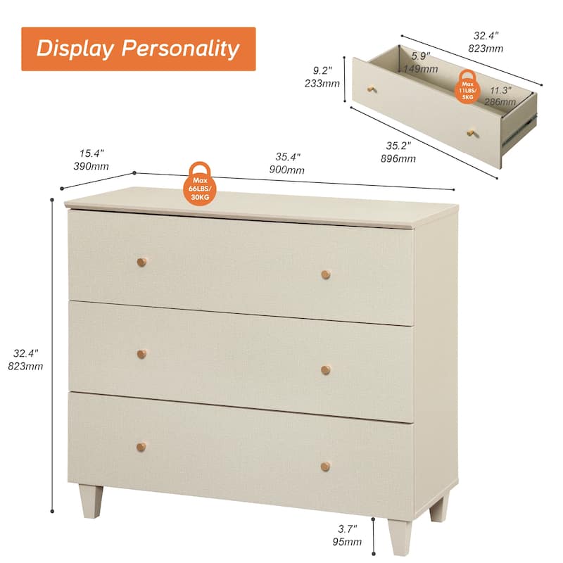 WAMPAT Dresser with 3 Drawers, 35.4" Wide Chest of Drawer for Bedroom